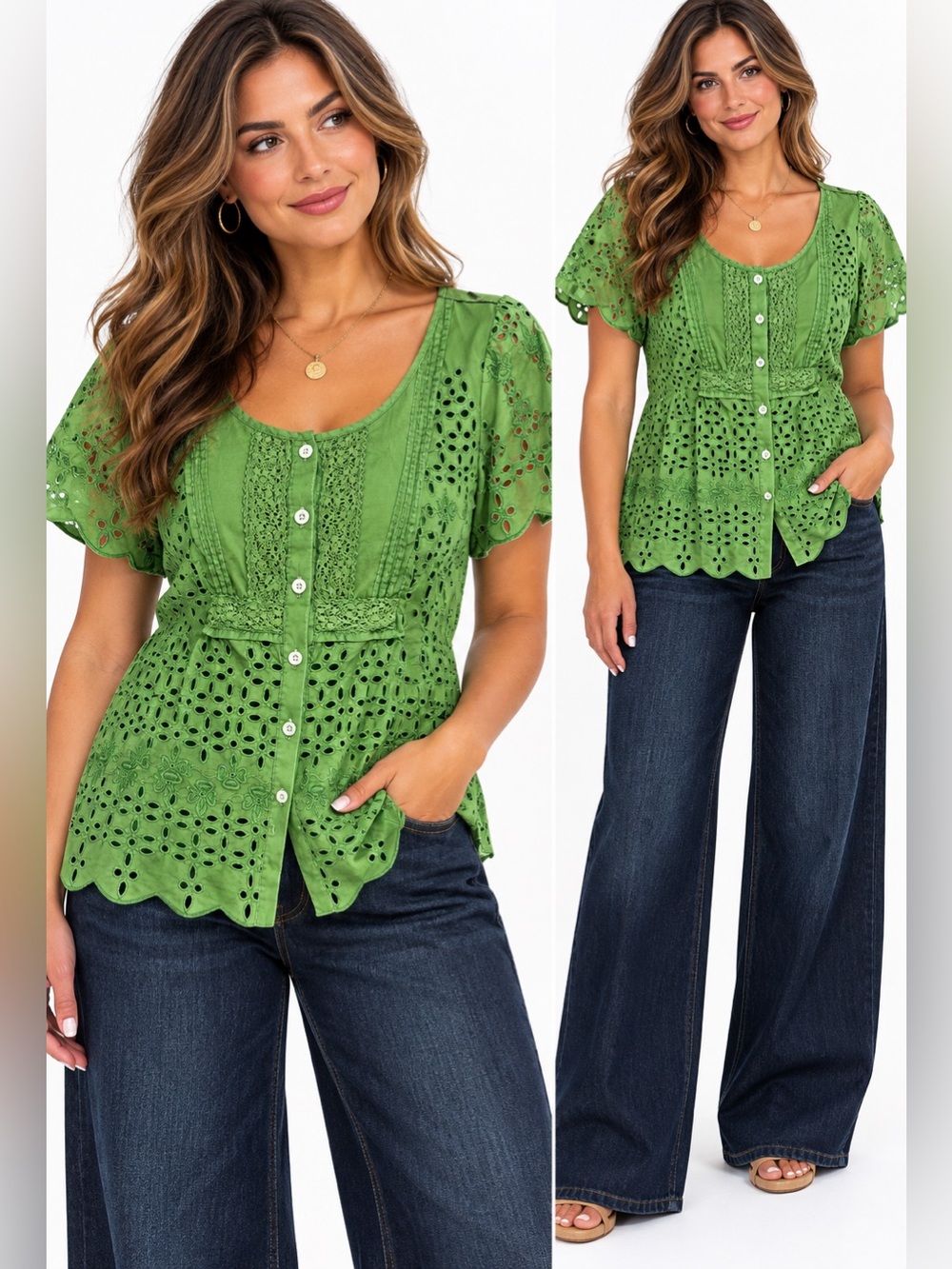 Large American Eagle Outfitters Green Eyelet Button-Front Women's Top Lace